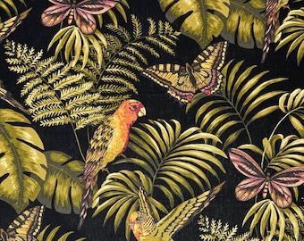 KINGSWAY PAPILLION Black Fern Leaf Tropical Bird Butterfly Upholstery Pillow Totebag Craft Cushion Bedding 100% Cotton Fabric By Yard 54"W