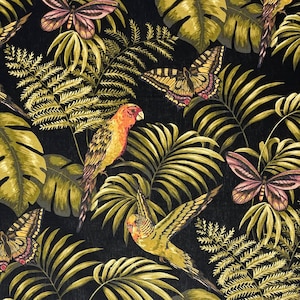 KINGSWAY PAPILLION Hoja de helecho negro Pájaro tropical Mariposa Tapicería Almohada Totebag Craft Cojín Ropa de cama 100% Tela de algodón cortada al tamaño 54"W