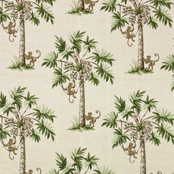 P Kaufmann Pat Freund Palm Tree Monkey Cream Green Pillow Craft Cushion Furniture Drapery Bedding Vintage Cotton Fabric By The Yard 54"Wide