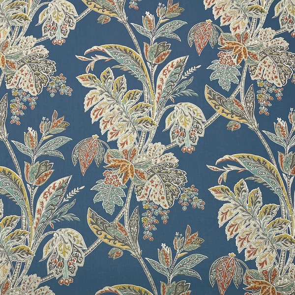 KRAVET ISHANA BLUE Orange Green Leaf Floral 100% Cotton Pillow Cushion Upholstery Bedding Drapery Designer Fabric By The Yard 54"Wide