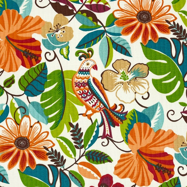 Richloom TROPICAL JUNGLE BIRDS Orange Green Large Floral Outdoor Patio Furniture Cushion Crafts Pillow Multiuse Fabric By The Yard 54"W