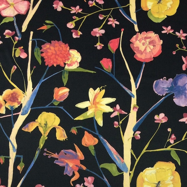 P Kaufmann INSIGHT MIDNIGHT Black Blue Floral Upholstery Apparel Pillow Craft Cushion Drapery Cotton Twill Fabric By The Yard 54"Wide