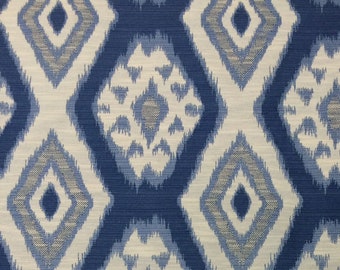 KRAVET RIGI INK Blue Ikat Medallion Ivory White Pillow Cushion Upholstery Multipurpose Bedding Drapery Designer Fabric 1.5 Yards 54"Wide