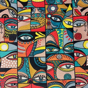 May include: A fabric featuring a repeating grid pattern of stylized faces in vibrant colors including red, yellow, blue, orange, and black. Each square contains detailed embroidered-style line work, geometric shapes, and circular eye motifs.