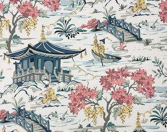 HAMILTON FABRICS TEAHOUSE Schiefer Asiatischer Tempel Boot Chinoiserie Toile Polster Kissen Kissen Handwerk Bettwäsche Designerstoff Batt 138cm