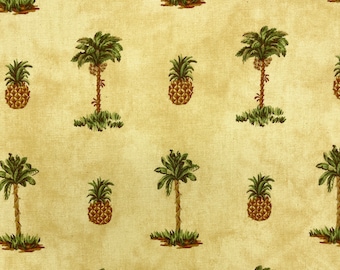 May include: A beige fabric with a repeating pattern of green palm trees and brown pineapples. The pattern is a tropical theme.
