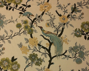 Ballard Designs WILLA PARCHMENT Exótico Pájaro Floral 100% Lino Cortinas Tapicería Almohadas Ropa de cama Tela cortada a medida 54" Ancho