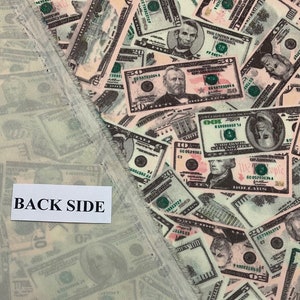 Pode incluir: Um tecido com um padr&atilde;o de notas de d&oacute;lar americano. O tecido &eacute; verde claro e branco com um padr&atilde;o repetitivo de notas de diferentes denomina&ccedil;&otilde;es. O tecido est&aacute; dobrado ao meio, com o verso do tecido vis&iacute;vel no lado esquerdo da imagem. O texto "BACK SIDE" est&aacute; escrito em um r&oacute;tulo branco.