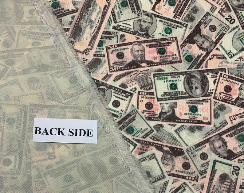 Pode incluir: Um tecido com um padr&atilde;o de notas de d&oacute;lar americano. O tecido &eacute; verde claro e branco com um padr&atilde;o repetitivo de notas de diferentes denomina&ccedil;&otilde;es. O tecido est&aacute; dobrado ao meio, com o verso do tecido vis&iacute;vel no lado esquerdo da imagem. O texto "BACK SIDE" est&aacute; escrito em um r&oacute;tulo branco.
