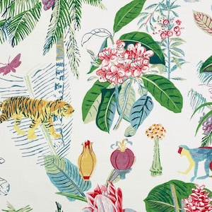 May include: A white background with a colorful tropical print featuring a tiger, monkeys, flowers, and palm trees.