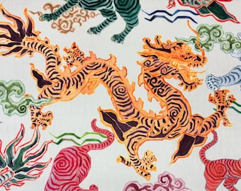 HAMILTON Fabrics TIBETAN Tiger NATURAL Printed Velvet Asian Dragons Upholstery Pillow Drapery Bedding Exclusive Designer Fabric By Yard 54"W