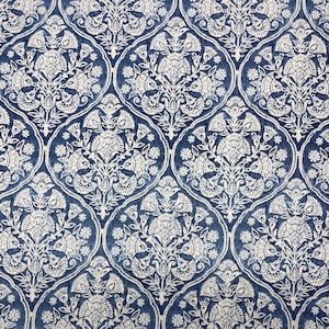 May include: A blue and white fabric with a repeating pattern of stylized floral motifs. The pattern is reminiscent of traditional Indian block printing.