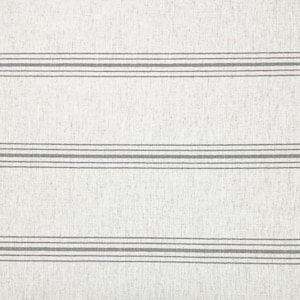 May include: Close-up of a textured, off-white fabric with horizontal grey stripes. The stripes are evenly spaced across the material, creating a simple, yet elegant pattern. The fabric appears to be linen or a similar natural fibre.