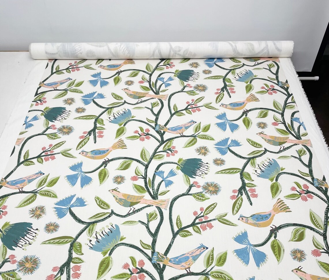 Ballard Designs LYLE GREEN Blue Song Birds Floral Vine Drapery Etsy