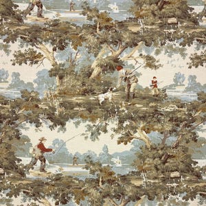 May include: A patterned fabric featuring a hunting scene repeat. The design includes figures in period attire, dogs, trees, and a river, in shades of brown, green, and blue on a cream backdrop. The style evokes a traditional toile de Jouy aesthetic.