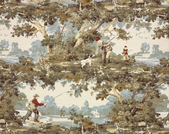 COVINGTON AVONDALE 107 Vintage Dog Country Fishing Hunting Toile Upholstery Pillow Craft Cushion Drapery Bedding Linen Fabric By Yard 54"W
