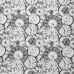May include: A seamless pattern of black and white clock faces on a grey background. The clocks are all different shapes and sizes, and some have Roman numerals.