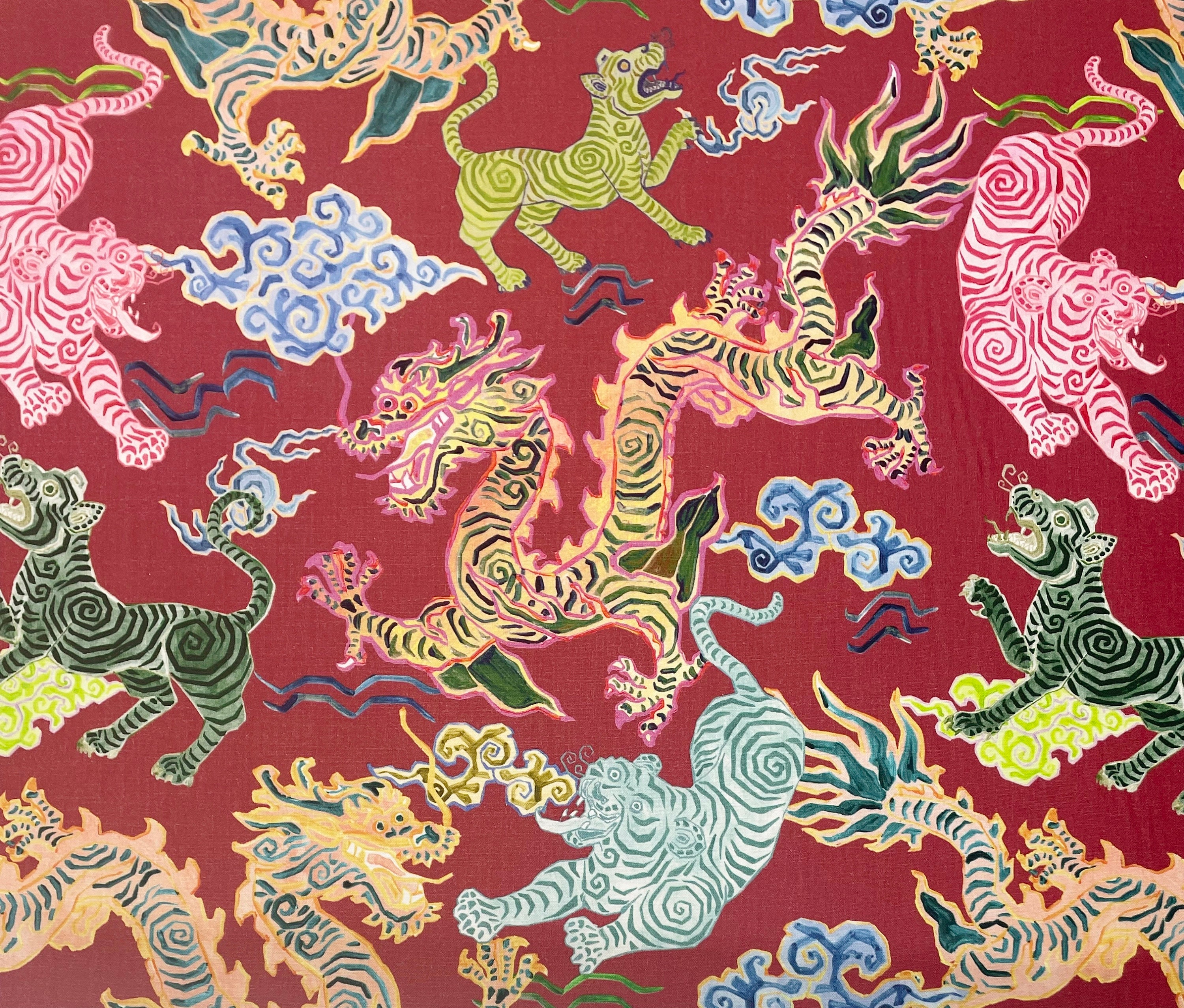 HAMILTON Fabrics HIMALAYA CORAL Red Asian Tigers Dragons Upholstery Pillow Craft Drapery Bedding Exclusive Designer Fabric By Yard 54"W