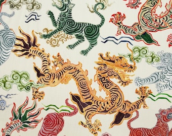 HAMILTON Fabrics HIMALAYA NATURAL Asian Tigers Dragons Upholstery Pillow Craft Drapery Bedding Exclusive Designer Fabric By Yard 54&quot;W