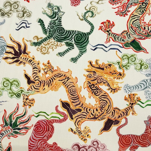Tissus HAMILTON HIMALAYA NATUREL Tigres d'Asie, Dragons, Coussins d'ameublement, Draperie artisanale, Literie Tissu de créateur exclusif par mètre L 54 po.