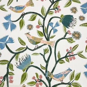 Ballard Designs LYLE GREEN Blue Song Birds Floral Vine Drapery Curtains Upholstery Pillow Craft Bedding Linen Fabric By Yard 54&quot;Wide