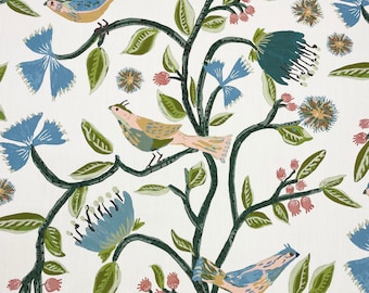 Ballard Designs LYLE GREEN - Cortinas con pájaros cantores azules, diseño floral, para tapicería, almohadas, ropa de cama, tela de lino cortada a medida, 54" de ancho