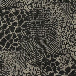 May include: A seamless pattern featuring various animal print designs in shades of gray and black. The pattern includes leopard, giraffe, snake, and crocodile prints.