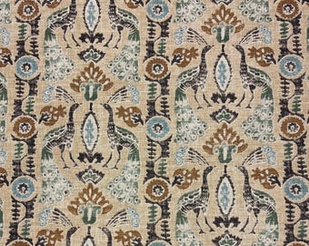 PKL Studio PEACOCK PARADE Espresso Brown Floral Bird Toile Upholstery Pillow Cushion Bedding Cotton Fabric By The Yard 54"W