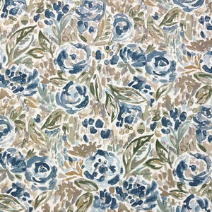 May include: Fabric with a watercolour floral pattern. It features blue roses, green leaves, and brown brushstrokes on a cream background. The design has a soft, artistic feel, suitable for home decor or craft projects.