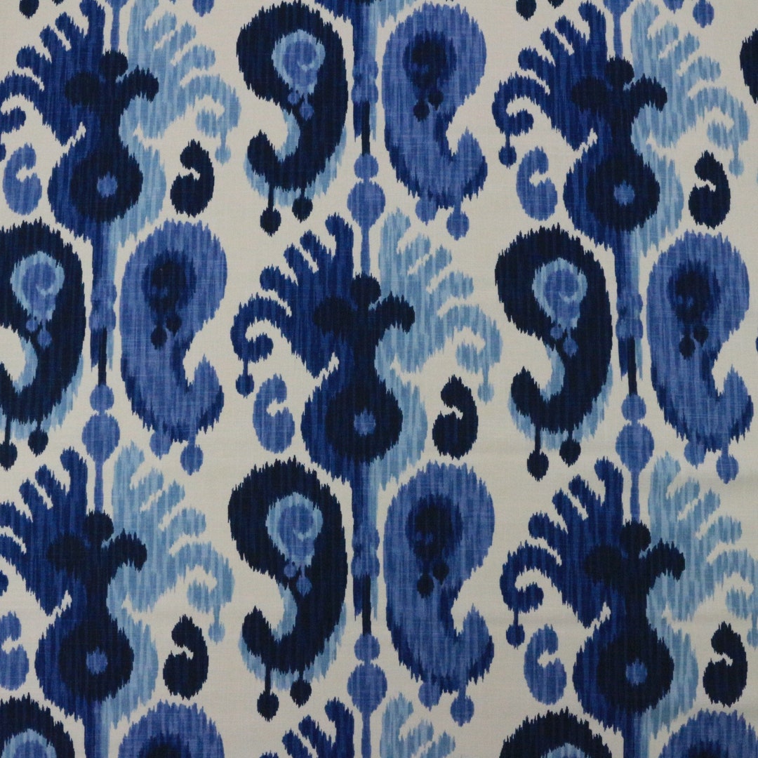 Ballard Designs BETHESDA BLUE Indigo White Graphic IKAT Linen Drapery