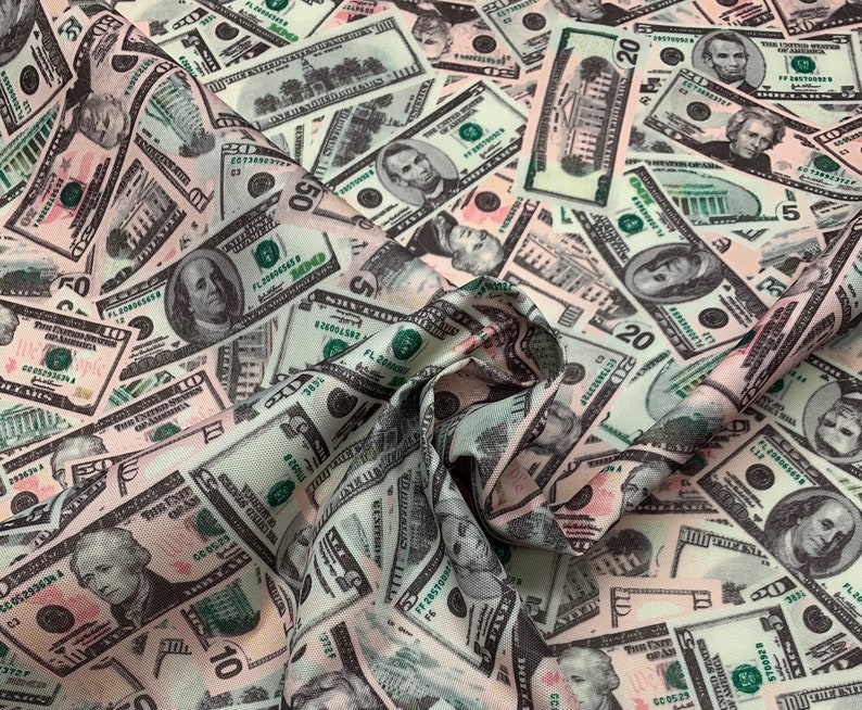 Pode incluir: Um tecido com um padr&atilde;o repetido de notas de d&oacute;lar americano em v&aacute;rias denomina&ccedil;&otilde;es. As notas s&atilde;o impressas em tons de verde, preto e branco sobre um fundo rosa.