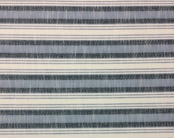 May include: White fabric with alternating blue and gray stripes. The stripes are thin and evenly spaced.