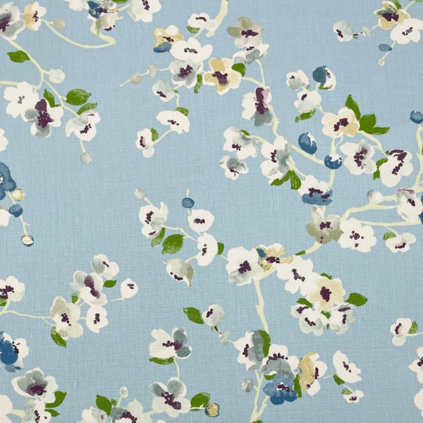 P Kaufmann CHERRY LANE PEACOCK Blue Chinoiserie Floral Blossoms Upholstery Pillow Craft Bedding 100% Linen Fabric By The Yard 54"Wide