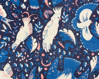 COVINGTON JOLENE azul pájaro rosa bellotas 100% lino como algodón almohada cortinas tapicería ropa de cama tela cortada a tamaño 54 "W