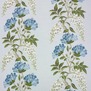 May include: A light blue fabric featuring a repeating vertical pattern of climbing vines with green leaves, white wisteria-like flower clusters, and rounded blue floral blooms arranged in a structured, symmetrical botanical design.