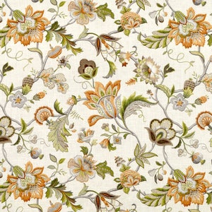 May include: A seamless pattern featuring intricate floral designs in shades of orange, green, and brown on a white background. The pattern is reminiscent of traditional embroidery.