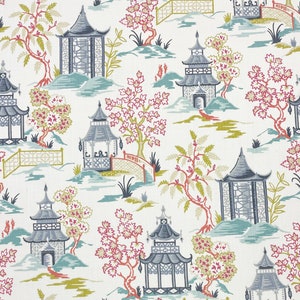 Ballard Designs SUKI BLUE Chinoiserie Village Asian Toile Craft Pillow Cushion Upholstery Bedding Drapery Cotton Fabric By The Yard 54"Wide