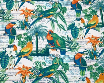 Richloom EL CENTRO CURACAO Blue Green Orange Parrots Tropical Birds Outdoor Drapery Furniture Cushion Crafts Pillow Fabric By The Yard 54"W