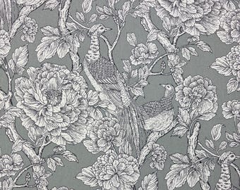 DURALEE TWEEDBANK GREY White Large Bird Floral Toile Ballard Richmond Green Furniture Drapery Bedding Cotton Fabric By The Yard 54"Wide