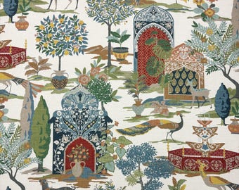 P Kaufmann SHALIMAR GARDEN Document Toile Trees City Peacock Upholstery Pillow Craft Drapery Cushion Bedding Cotton Fabric By Yard 54"Wide