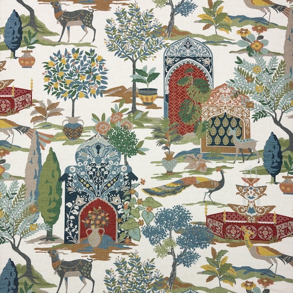P Kaufmann SHALIMAR GARDEN Document Toile Trees City Peacock Upholstery Pillow Craft Drapery Cushion Bedding Cotton Fabric By Yard 54"Wide