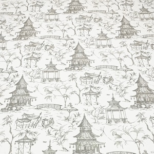 May include: A roll of wallpaper featuring a repeating pattern of Asian-inspired pagodas, bridges, and trees in shades of gray on a white background. The design evokes a serene, traditional aesthetic, suitable for interior decor.