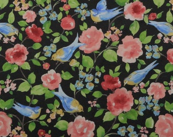P Kaufmann QUIET REFUGE ONYX Black Floral Bird Blue Birds Upholstery Pillow Totebag Craft Cushion Bedding 100% Cotton Fabric By Yard 54"W