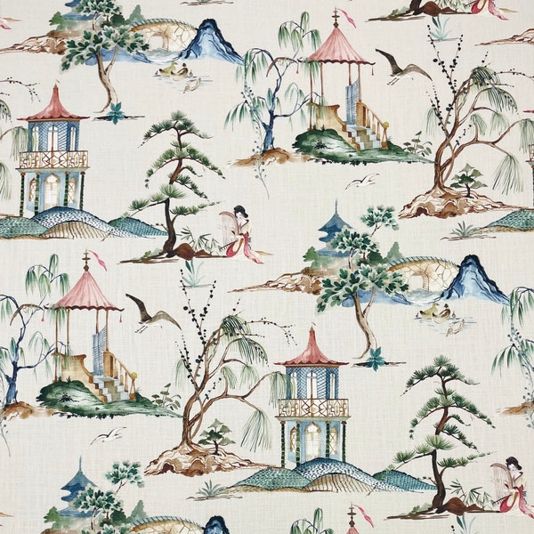 HAMILTON FABRICS OKAYAMA Flax Beige Asian Temple Chinoiserie Toile Upholstery Pillow Craft Drapery Bedding Designer Fabric By Yard 54"W