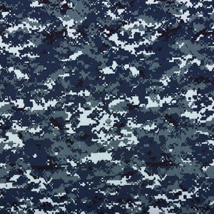May include: A fabric featuring a digital camouflage pattern in shades of navy blue, medium blue, light blue, and white. The design consists of small, pixelated squares arranged in a dense, irregular layout, with a small USN logo visible in the center.