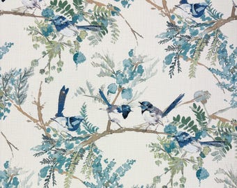 COVINGTON EMILIA MEDITERRÁNEO Azul Verde Floral Pájaro Tapicería Almohada Artesanía Cojín Cortinas Ropa de cama Tela de algodón cortada a medida 54"W