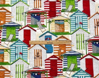 Richloom BEACH HUTS CABANA Green Red Orange Town Outdoor Indoor Furniture Cushion Crafts Pillow Water Resistant Fabric By The Yard 54"W