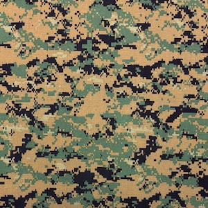 May include: A fabric featuring a digital camouflage pattern composed of small, square-shaped pixels in shades of tan, forest green, olive, and black. The design creates a textured, multi-colored effect across the entire surface of the material.