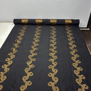 BAROQUE SWIRL Gold & Black Embroidered Vine 100% Dupioni SILK Bedding Drapery Pillow Crafts Cushion Fabric By Yard 53&quot;Wide
