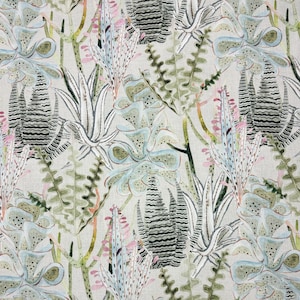 May include: A seamless pattern featuring a variety of stylized plants in shades of green, blue, and pink on a light beige background. The pattern is reminiscent of a botanical illustration.